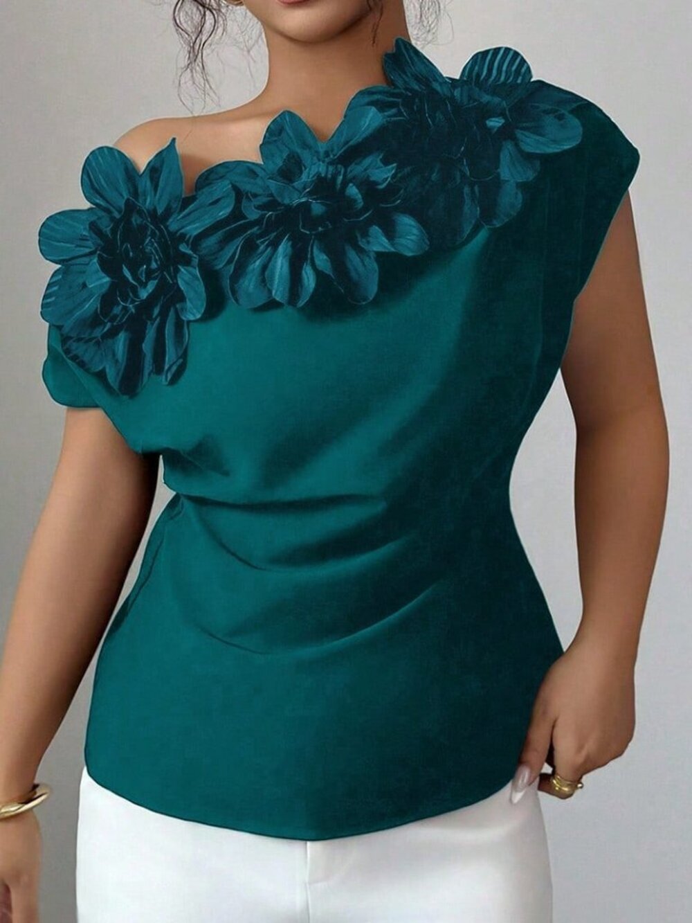 Teal Blue Casual Women's 3d Floral Decor Ruched Shoulder Blouse - Picture 3 of 4